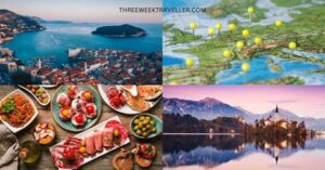 4 images - top left aerial shot of Dubrovnik, Croatia, top right is a map of Europe with pins on it, bottom right is a castle in Finland, bottom left is Spanish food - EUROPE IN 3 WEEKS ON A BUDGET