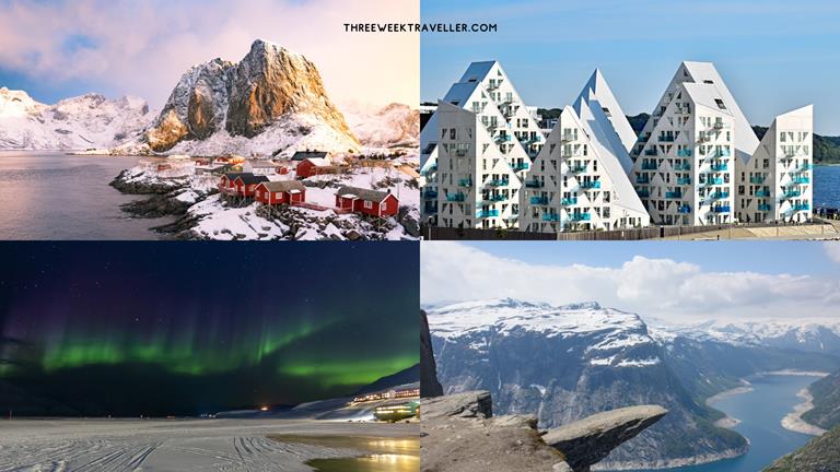 4 images - Lofoten in Norway, Iceberg building in Denmark, Northern Lights, and Trolltunga in Norway - 3 WEEKS IN SCANDINAVIA ITINERARY