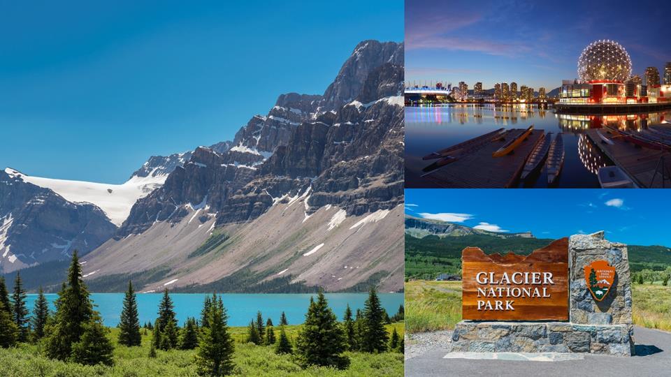 3 images - on the elft is the glacier Lake Louise. Bottom right is the Glacier National Park