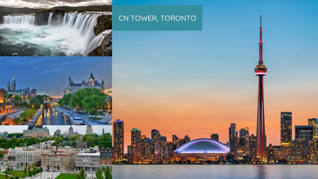 4 images: top left is the Niagara Falls, mid left Ottawa. Right side is the CN Tower in Toronto - 3 weeks in Canada Itinerary