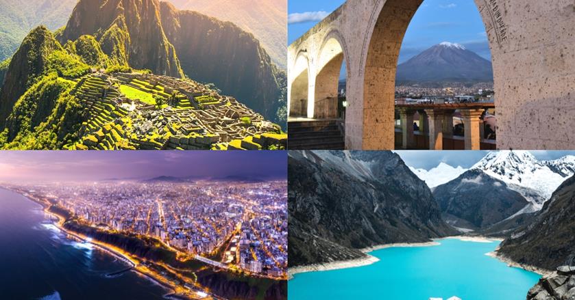 4 images - Machu Picchu Citadel, Misti Volcanoe, Lima shoreline at night, and Huaraz glacier lakes - 3 WEEKS IN PERU ITINERARY