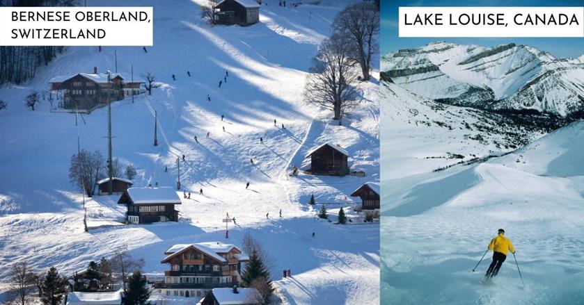 2 images - people skiing in Switzerland and Canada - WHERE TO GO TRAVELLING FOR 3 WEEKS HOLIDAY