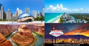 4 images - Chicago cloud gate, California cost line, las vegas sign, Grand Canyon - 3 WEEKS IN USA ITINERARY