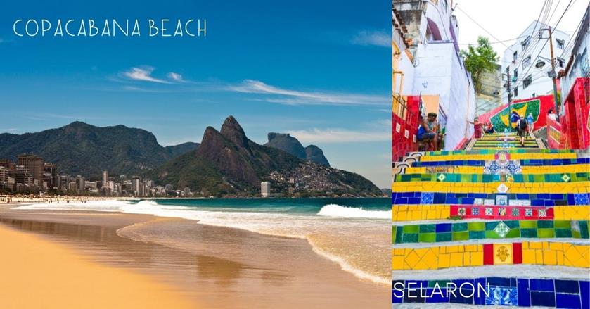 Copacabana beach, mountain in the background, colourful stairs - 3 weeks in Brazil itinerary