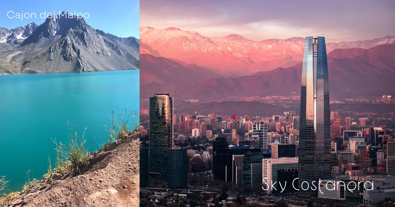 modern tall buildings with mountain background on a sunset, glacier lake - 3 weeks in Chile