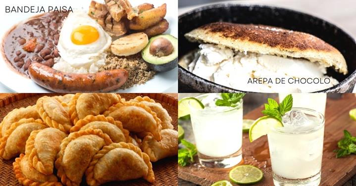 empanada, bandeja de paisa, lemonade drink, arepa chocolo - Colombian Food
