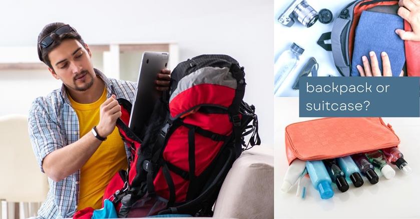 man packing his ipad on his red backpack, camera inside a suitcase toiletries bottle - PACKING FOR 3 WEEKS SUMMER HOLIDAY