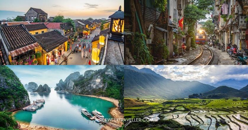 4 images - traditional vietnamese houses, blue ocean with boats and cliff mountains, train passing through a narrow street, rice paddies - 3 Weeks In Vietnam Itinerary