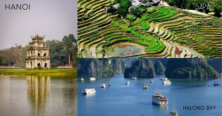 3 images - Temple in a middle of a lake, rice paddies, boats on the ocean - 3 Weeks In Vietnam Itinerary