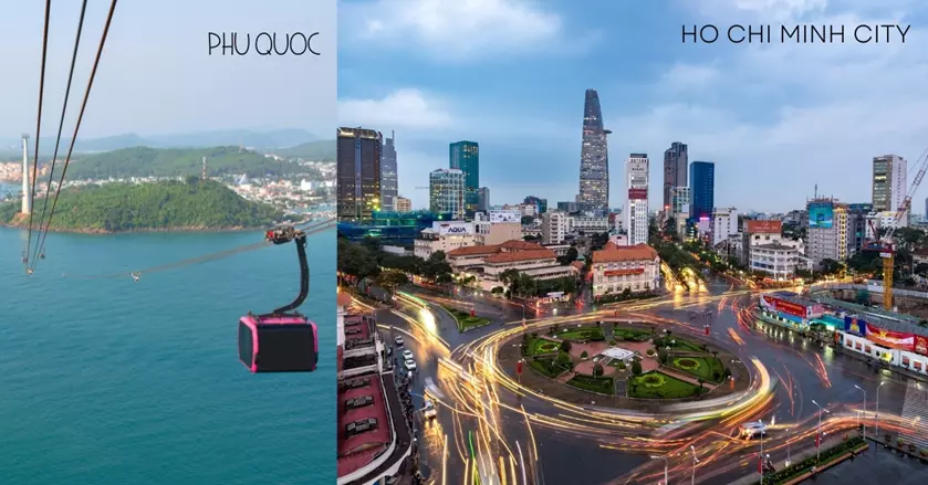 two images - cable car over the ocean, city lights and skyscraper - 3 Weeks In Vietnam Itinerary