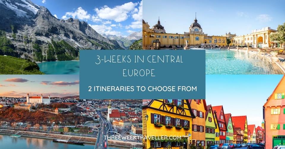 4 images - lake in switzerland, thermal bath of Hungary, downtown Prague, and old houses in Germany - 3-Weeks in Central Europe Itinerary