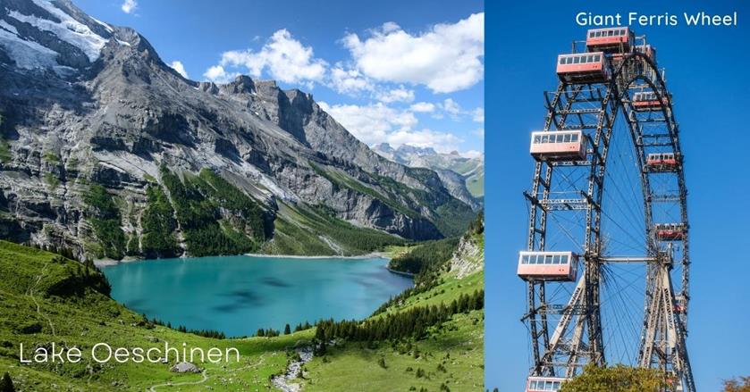 2 images -giant ferris wheel of Austria and lake in Switzerland - 3-Weeks in Central Europe Itinerary