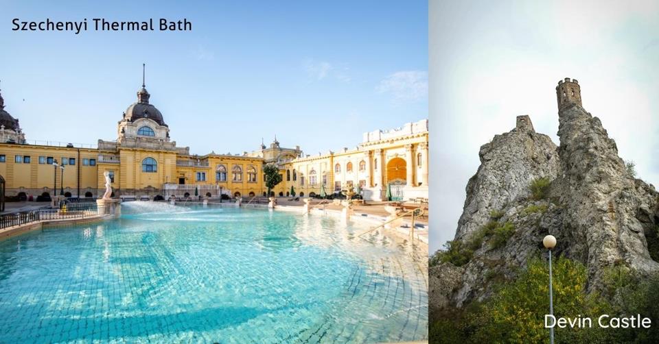 2 images - thermal baths of Hungary and Devin Castle of Slovakia - 3-Weeks in Central Europe Itinerary