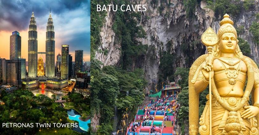 2 images - a golden statue behind it is a tall colourful stair and petronas twin towers - 3-Weeks in Malaysia Itinerary