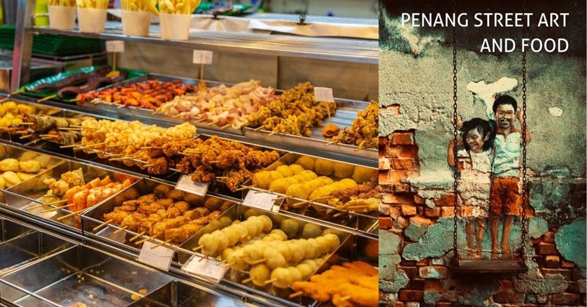 2 images - food in a stick and two children smiling as a wall painting - 3-Weeks in Malaysia Itinerary