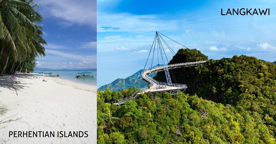 2 images - winding bridge over trees and white sand beach - 3-Weeks in Malaysia Itinerary