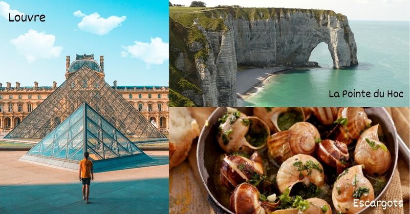 3 images - louvre outdoor picture, cliff in normandy, escargots - 3-Weeks in France Itinerary