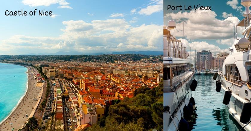 2 images - view of the shoreline from castle of nice and port le vieux with boats parked - 3-Weeks in France Itinerary