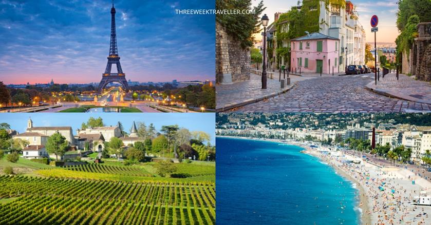 4 IMAGES - eiffel tower, french cobbledstone street, vineyards, and beach shoreline - 3-Weeks in France Itinerary (1)