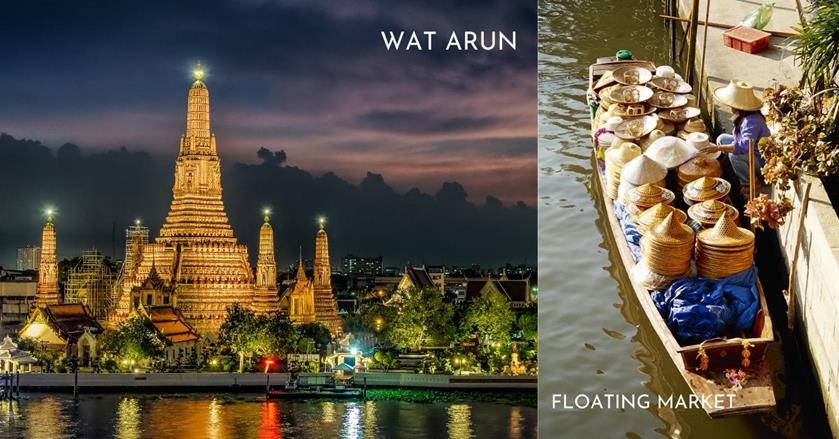 2 images - wat arun temple and a boat in the floating market - 3-Weeks in Thailand Itinerary