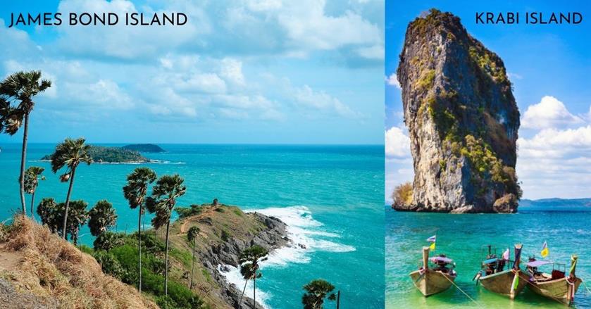 2 images - cape shot of James Bond Island and a big rock near the shoreline in Krabi - 3-Weeks in Thailand Itinerary
