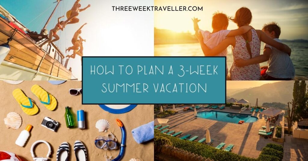 4 images - people jumping off a boat to water, summer items lying on the sand, a family of three hugging each other by the sunset, a photo of mountain resort - How To Plan A 3-week Beach Vacation