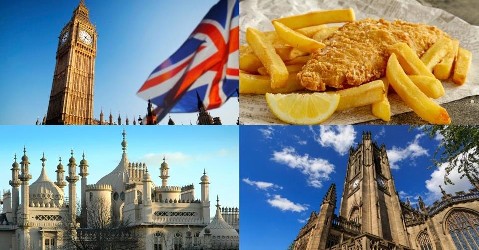 4 images - london tower with the uk flag, fish and chips, royal pavilion, and manchester's cathedral - 3 Weeks in England Itinerary