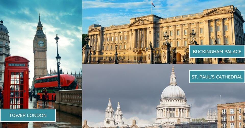 3 images - london tower and red phone booth, buckingham palace, and st paul's cathedral - 3 Weeks in England Itinerary