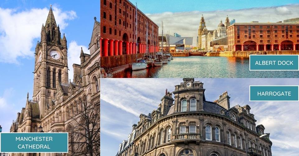 3 images - manchester cathedral, albert dock, and harrogate - 3 Weeks in England Itinerary