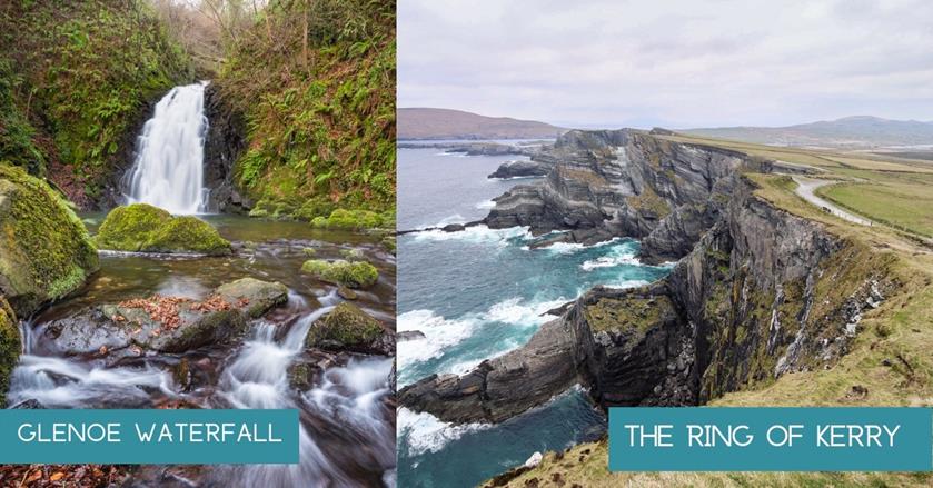 2 images - glenoe waterfall and the ring of kerry - 3-Weeks in the UK and Ireland Itinerary