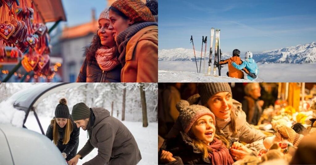 4 images - 2 women looking at products in a christmas market shop, 2 people sitting on top of ski mountain with ski gear, a couple packing their car wearing winter clothes, a mother and daughter shopping at a christmas market - Best 3-Weeks Winter Destinations