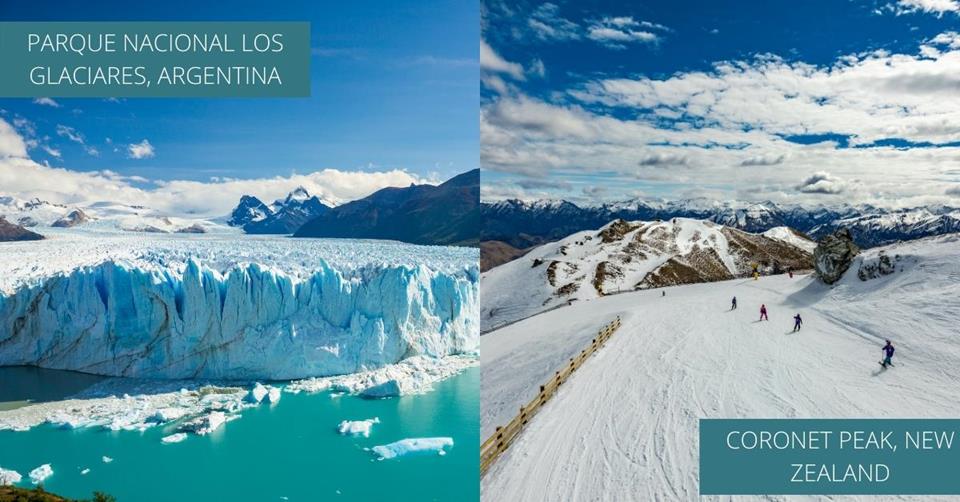 2 images - parque nacional los glaciares in argentinas and coronet peak with people skiing in new zealand - Best 3-Weeks Winter Destinations