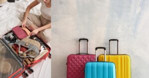2 images - a girl packing her suitcase, and a picture of 3 suitcases on a white background - Packing For 3 Weeks Winter Holiday