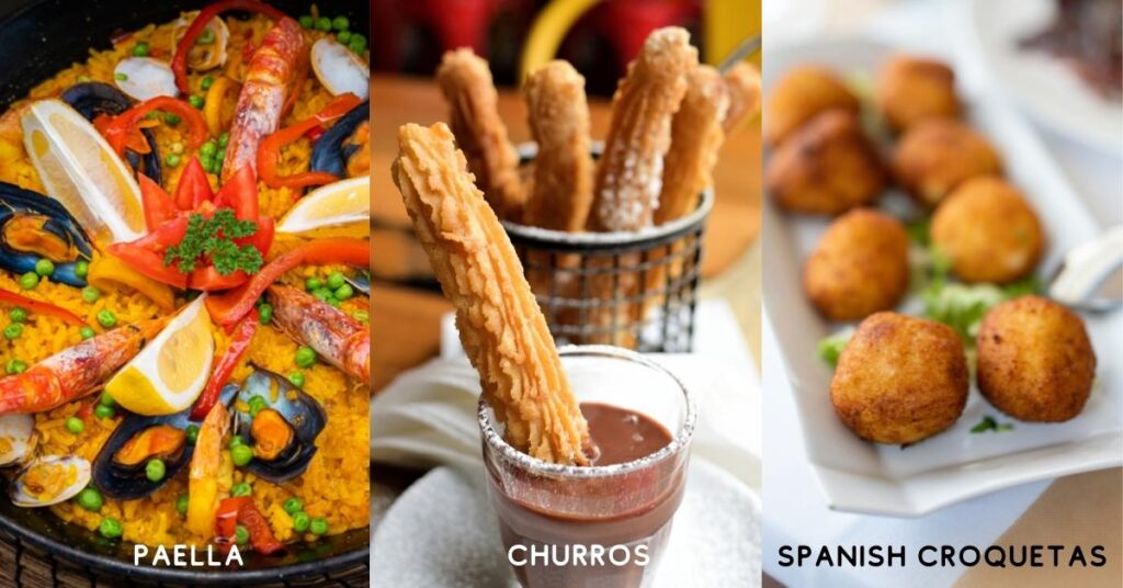 3 images - paella, churros, and spanish croquetas