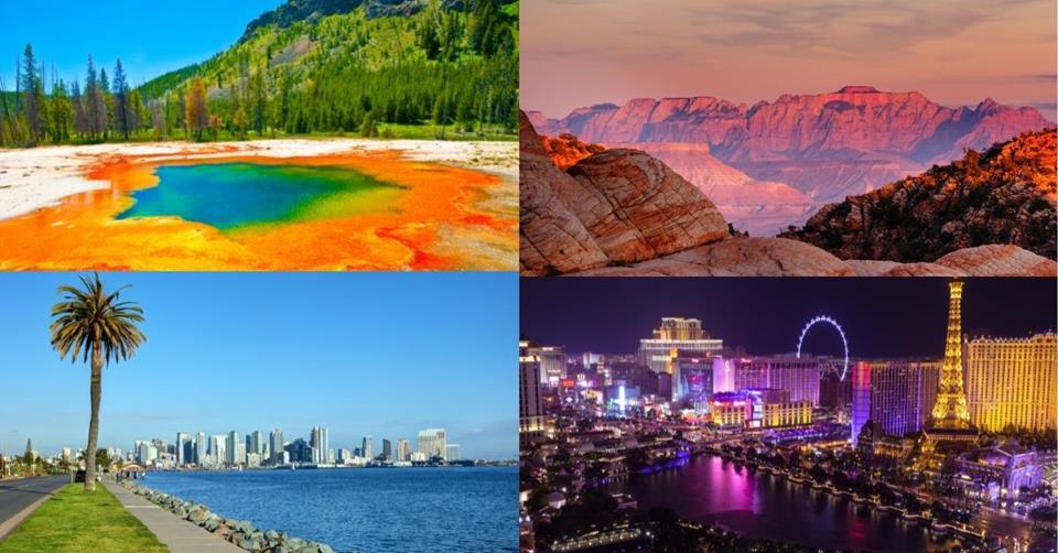 4 images - yellowstone geothermal, zion national park, las vegas nightlights, los angeles shorline - 3 Weeks on West Coast USA
