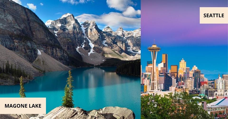 2 images - Magone Lake and Seattle Tower - 3 Weeks on West Coast USA