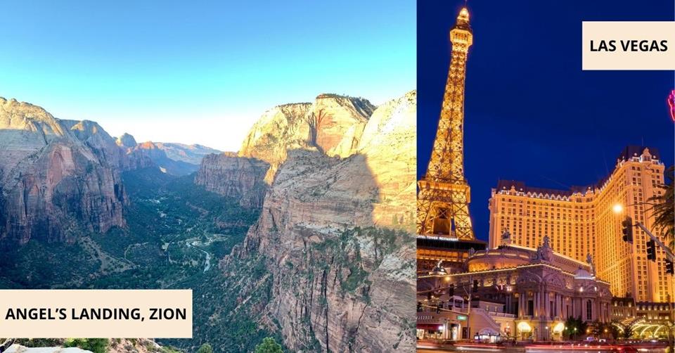 2 images - zion national park and las vegas at night - 3 Weeks on West Coast USA