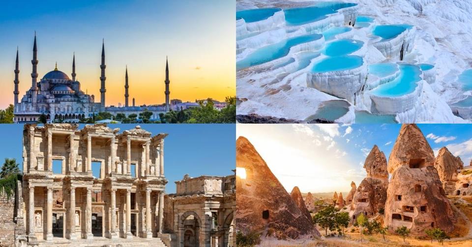 4 images - Blue Mosque, Pamukkale salt mines, Cappadocia fairy chimney, and Ephesus ruins - 3 Weeks in Turkey Itinerary