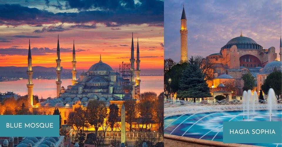 2 images - the blue mosque and hagia sophia - 3 Weeks in Turkey Itinerary
