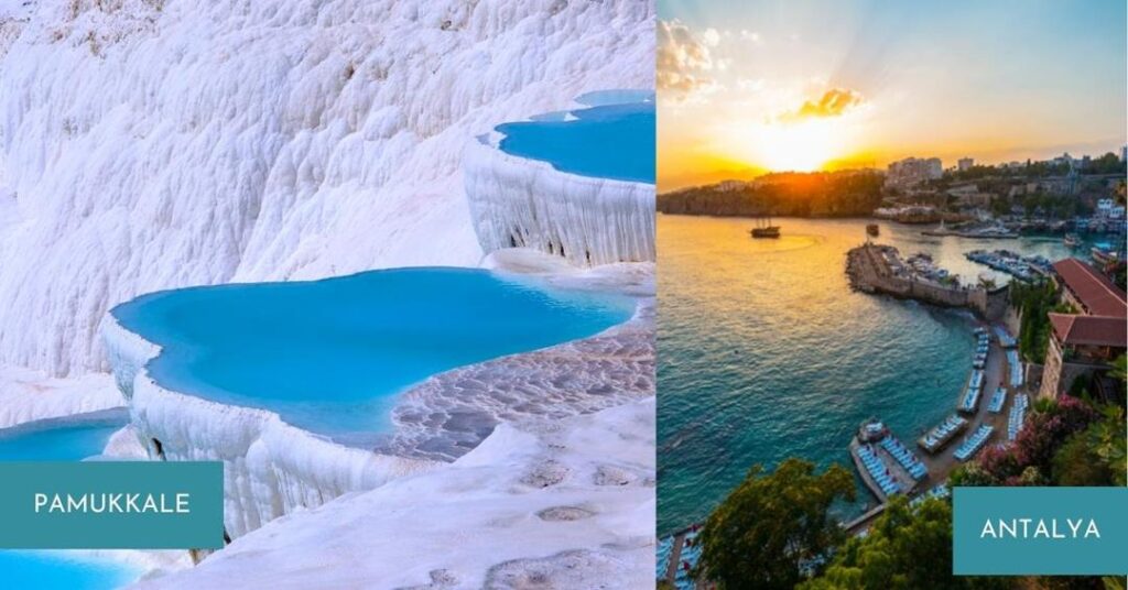 2 images - Pamukkale salt mines and Antalya coastline - 3 Weeks in Turkey Itinerary