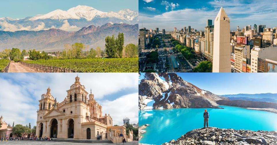 4 images - vineyard with snowcap mountain background, buenos aires skyline, cordoba cathedral, and patagonia glacier lake - 3 Weeks in Argentina Itinerary