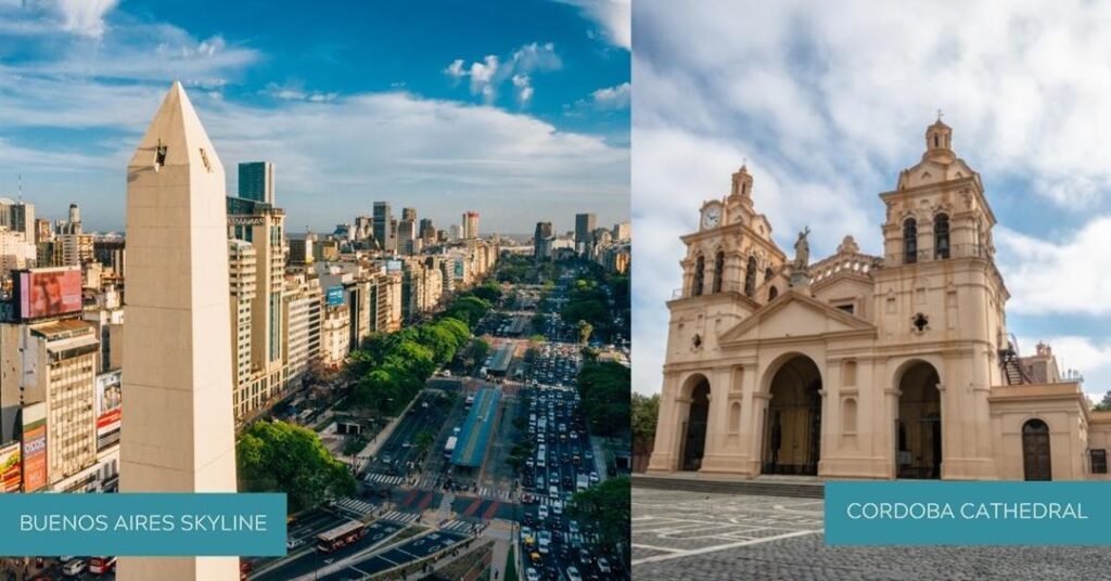 2 images - buenos aires skyline and cordoba cathedral - 3 Weeks in Argentina Itinerary