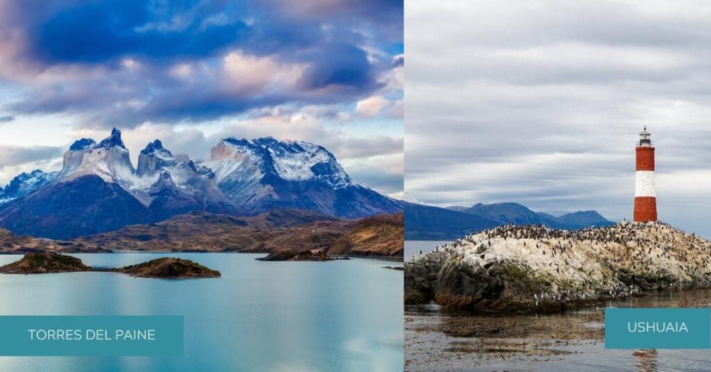 2 images - Torres del Paine national park and Ushuaia lighthouse -3 Weeks in Argentina Itinerary