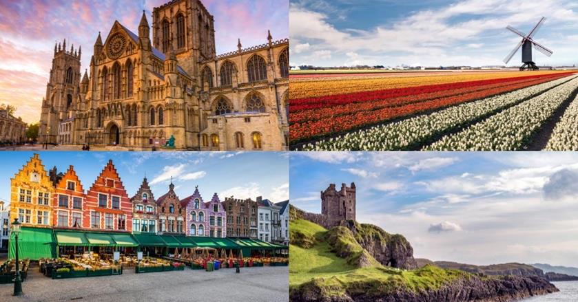 4 images - York Minster in England, windmill and tulip farm in Netherlands, colourful houses in Belgium, and Old Castle in Scotland shoreline - 3 Weeks in Western Europe Itinerary
