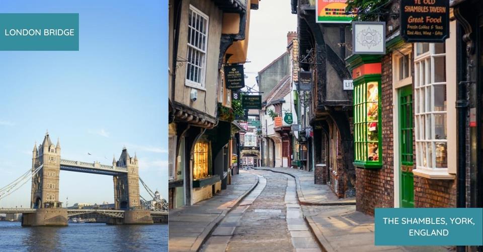 2 images - London bridge and The Shambles in York - 3 Weeks in Western Europe Itinerary