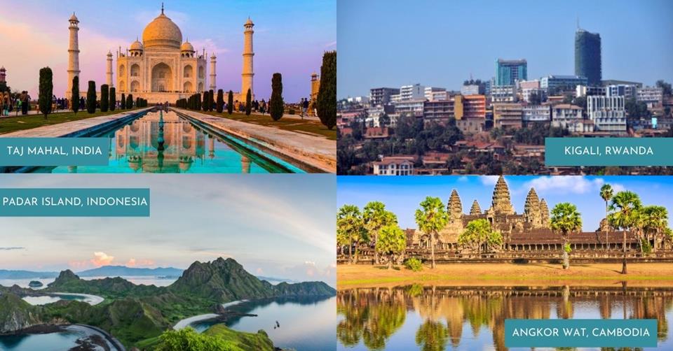 4 images - Taj Mahal India, Kigali Rwanda, Padar Island Indonesia, Angkor Wat Cambodia - Best Affordable Destinations for a 3-week Vacation