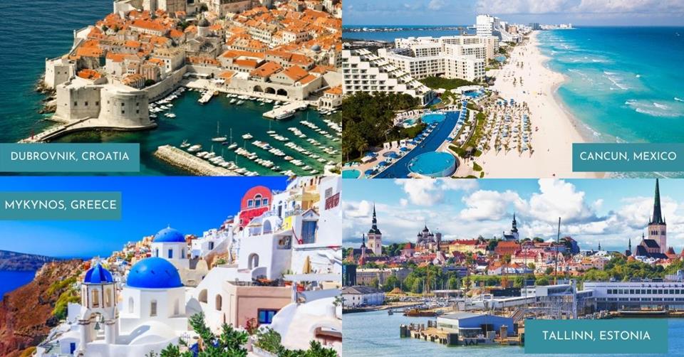 4 images - Dubrovnik Croatia, Cancun Mexico, Mykonos Greece, and Tallinn Estonia - Best Affordable Destinations for a 3-week Vacation