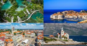 4 images of places in Croatia - Plitvice Waterfalls, Dubrovnik Old Town, Zagreb Old Town, Hvar island - 3 weeks in Croatia itinerary
