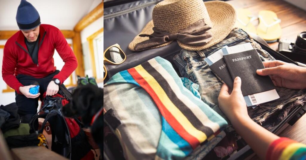 2 images of a person packing for a trip - 3 Weeks Spring Vacation Packing List