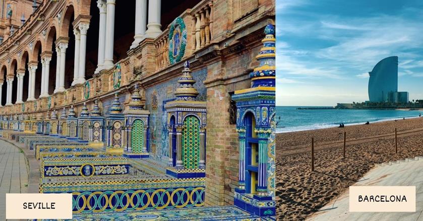 2 images - Seville and Barcelona beach in Spain